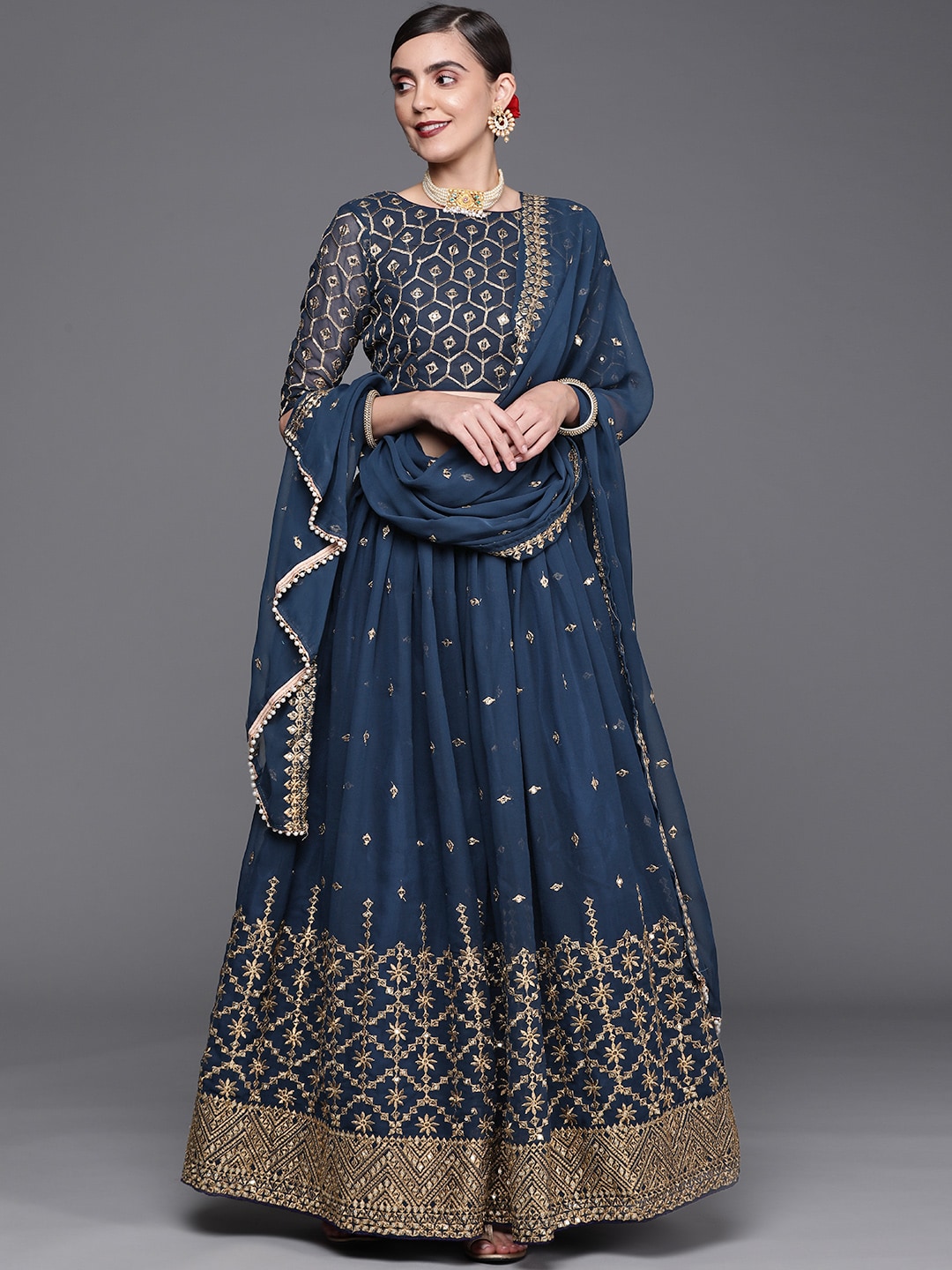 Mitera Teal & Gold-Toned Embroidered Thread Work Unstitched Lehenga & Blouse With Dupatta Price in India