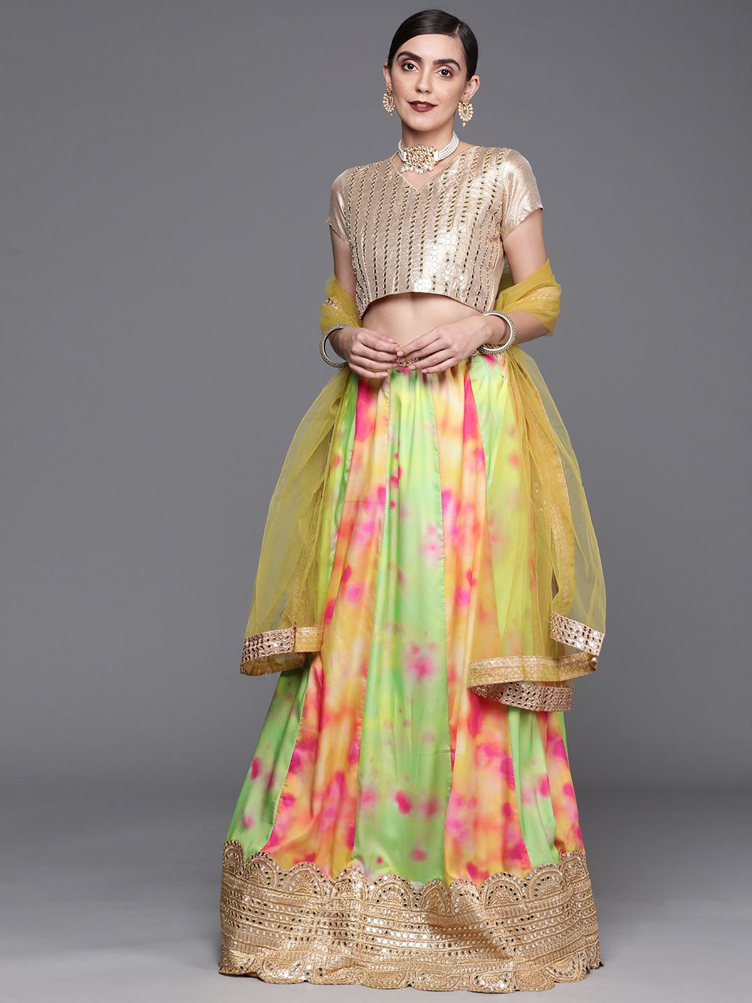 Mitera Beige & Green Embroidered Mirror Work Tie and Dye Unstitched Lehenga & Blouse With Dupatta Price in India