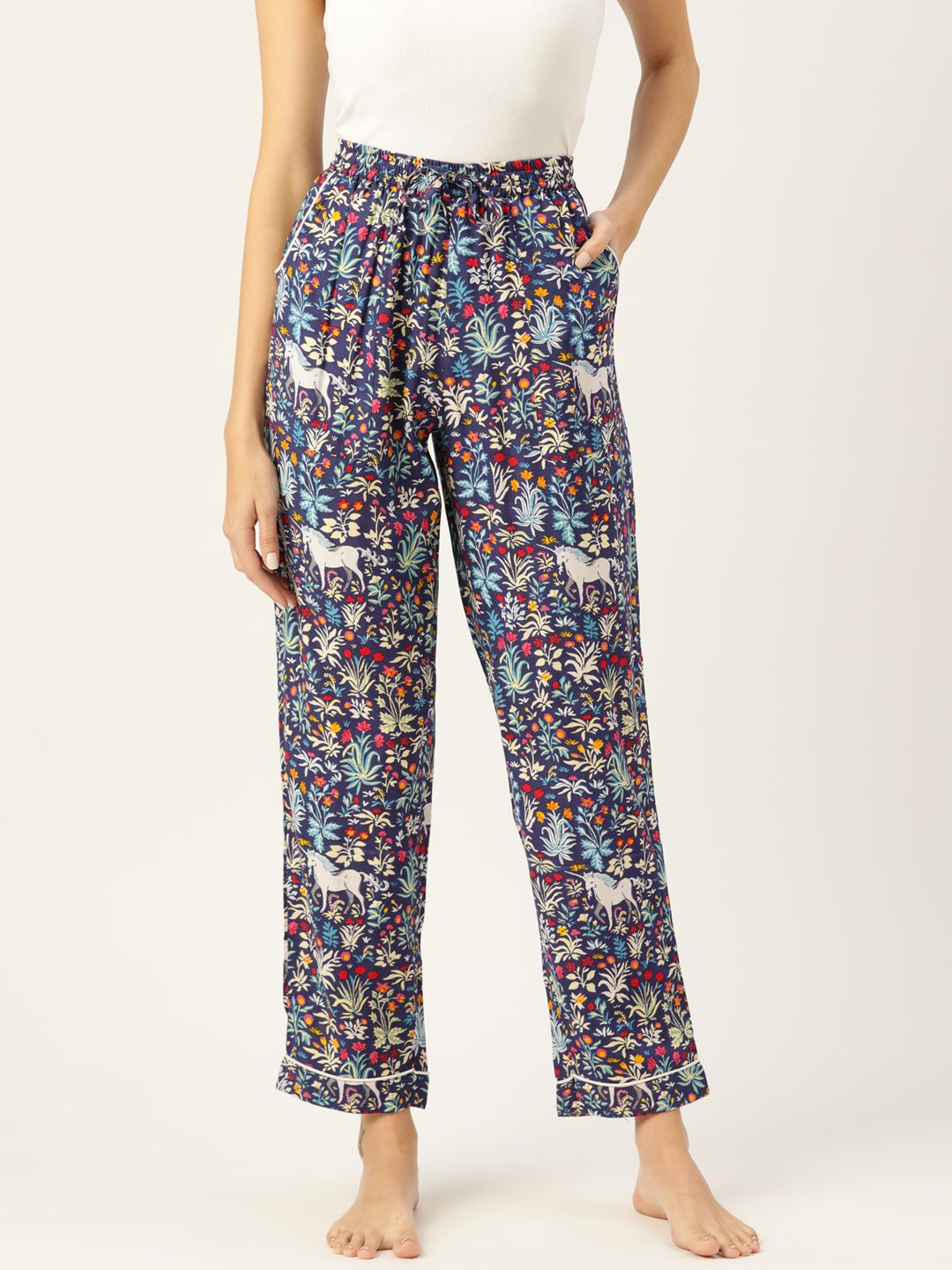 MBeautiful Women Navy Blue & White Floral Print Lounge Pants Price in India