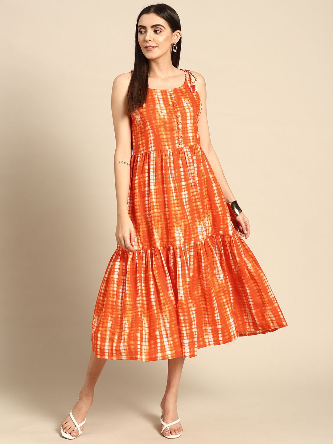 Anouk Women Orange & White Shibori Printed A-Line Midi Dress Price in India