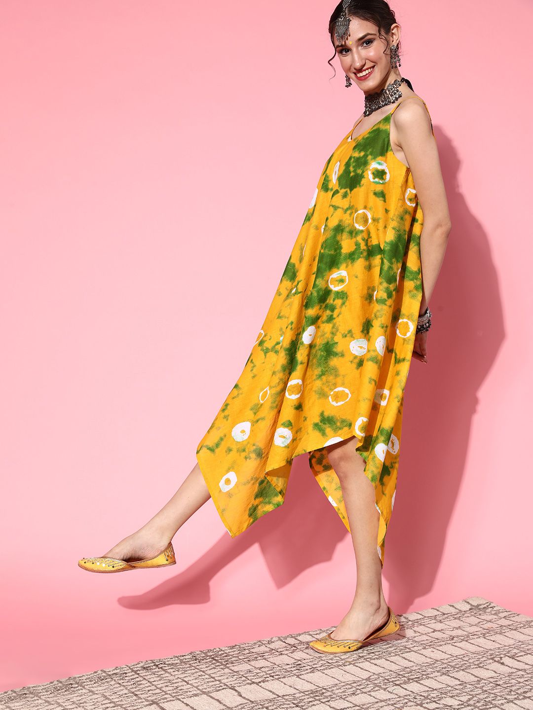 Anouk Yellow & Green Tie and Dye Pure Cotton A-Line Midi Dress Price in India