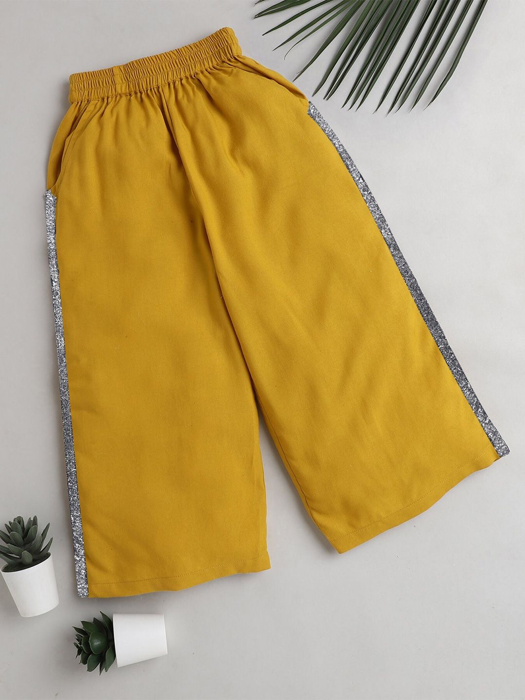 The Magic Wand Girls Mustard Yellow & Silver-Toned Solid Straight Palazzos