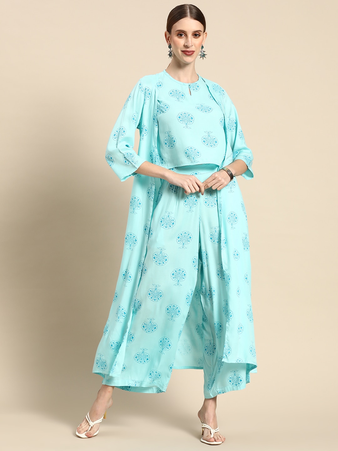 Anouk Women Turquoise Blue Floral Print Layered Top with Palazzos Price in India