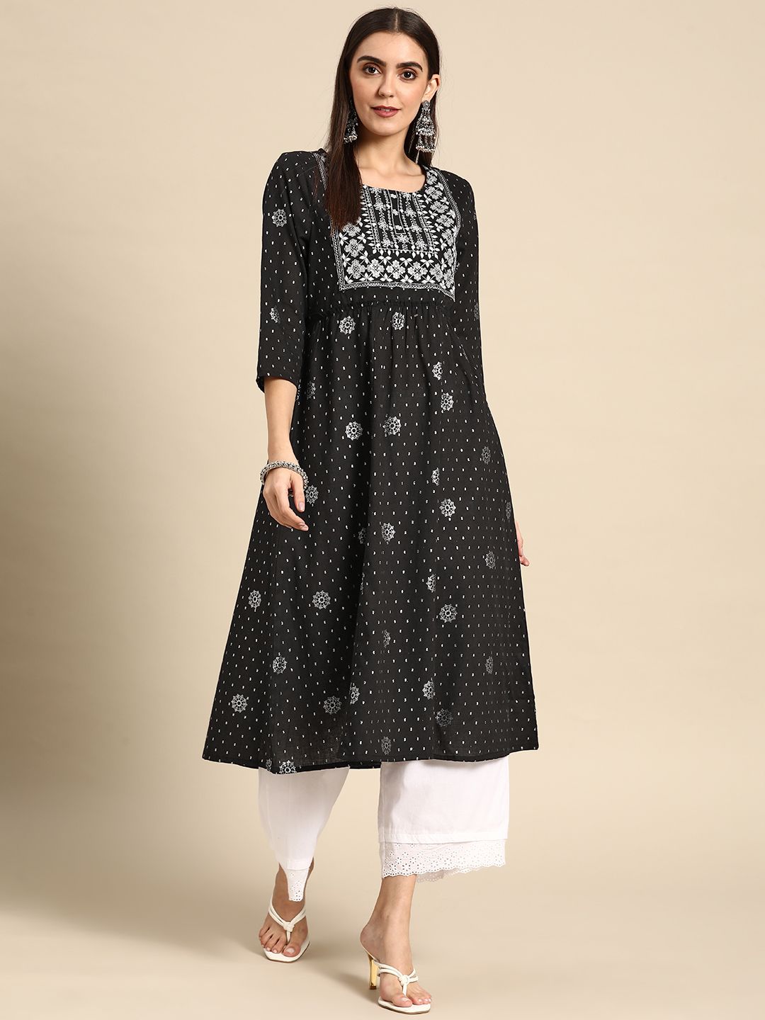 Anouk Women Black & Silver Ethnic Motifs Embroidered Sequin Work A-Line Kurta Price in India