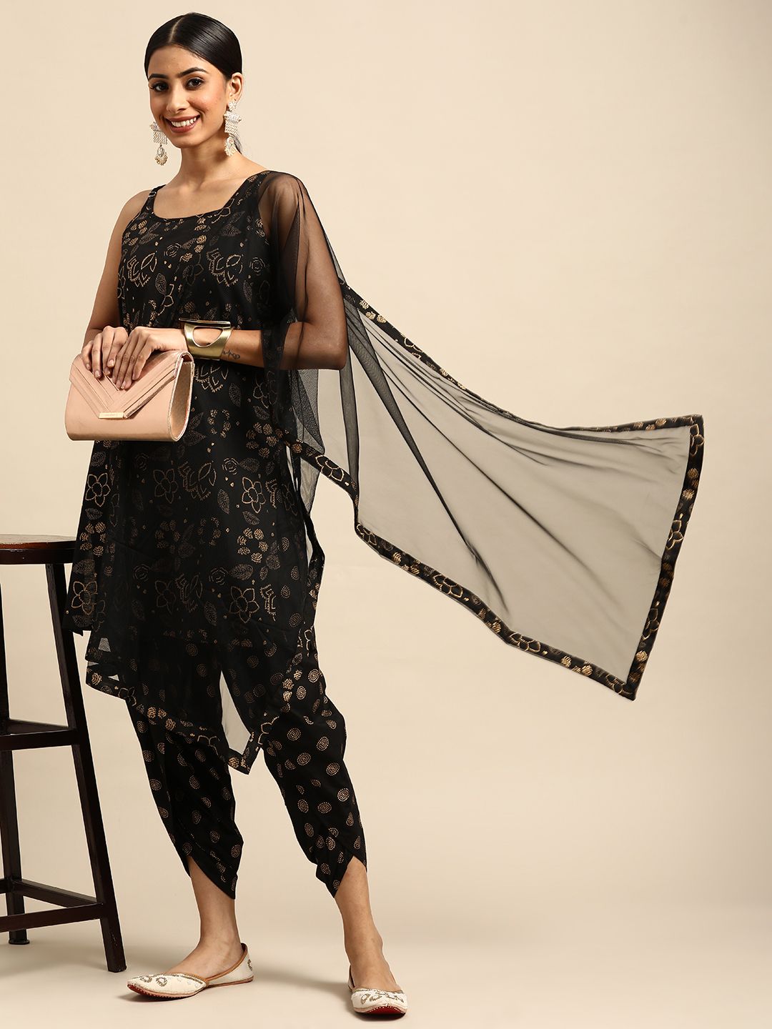 Anouk Women Black Ethnic Motifs Printed Pure Cotton Kurta with Dhoti Pants & Dupatta Price in India