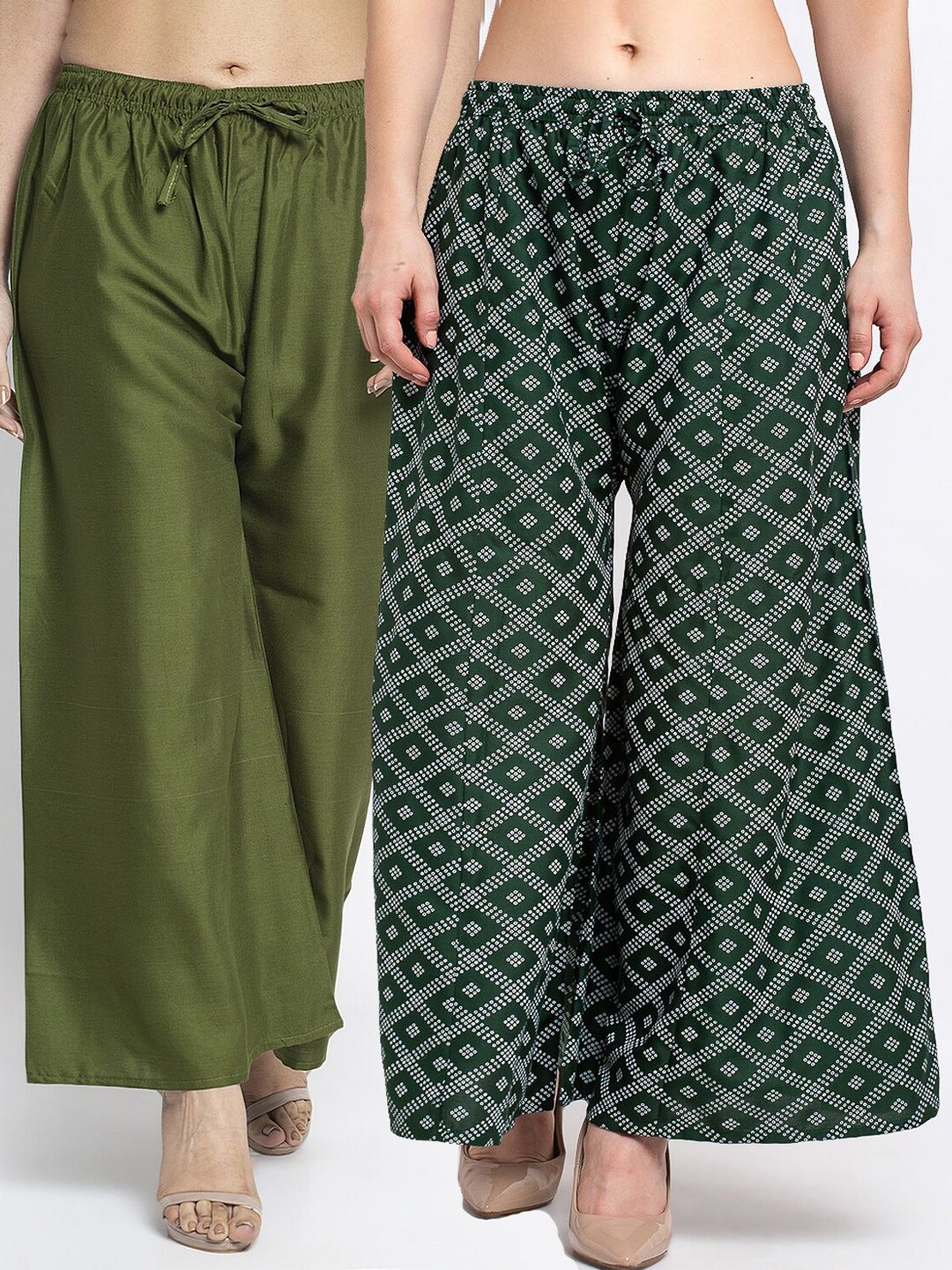 Jinfo Women Pack of 2 Green & Olive Green Flared Ethnic Palazzos Price in India