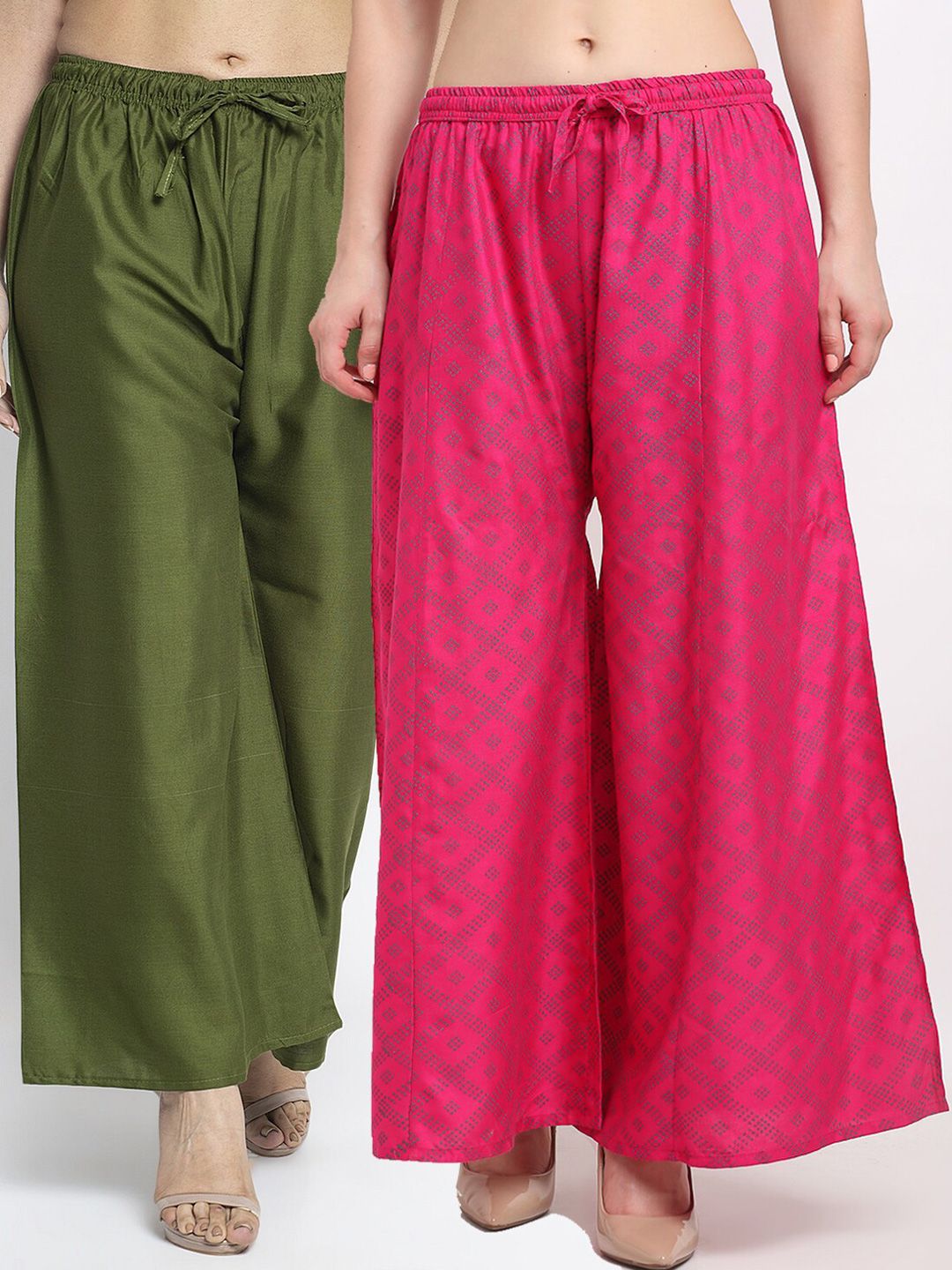 Jinfo Women Pack Of 2 Green & Pink Printed Flared Knitted Ethnic Palazzos Price in India