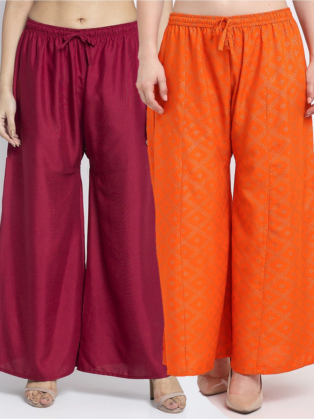 Jinfo Women Set Of 2 Maroon & Orange Flared Ethnic Palazzos Price in India