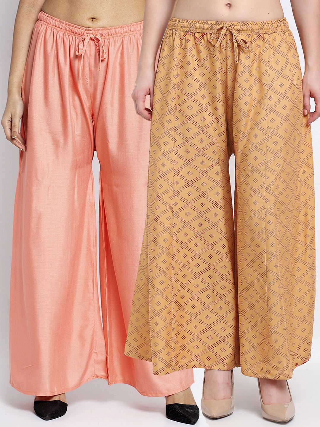 Jinfo Women Peach-Coloured & Beige Set Of 2 Printed Flared Knitted Ethnic Palazzos Price in India