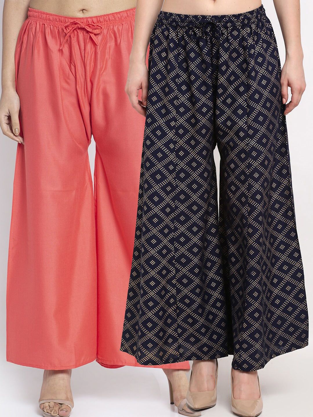 Jinfo Women Pack Of 2 Orange & Navy Blue Printed Flared Knitted Ethnic Palazzos Price in India