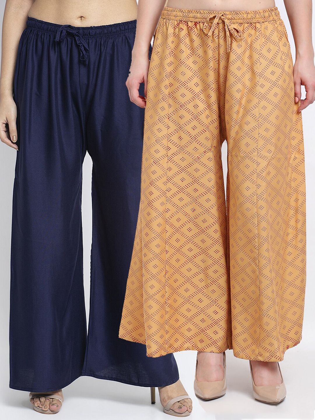 Jinfo Women Pack of2 Navy Blue & Beige Flared Knitted Ethnic Palazzos Price in India