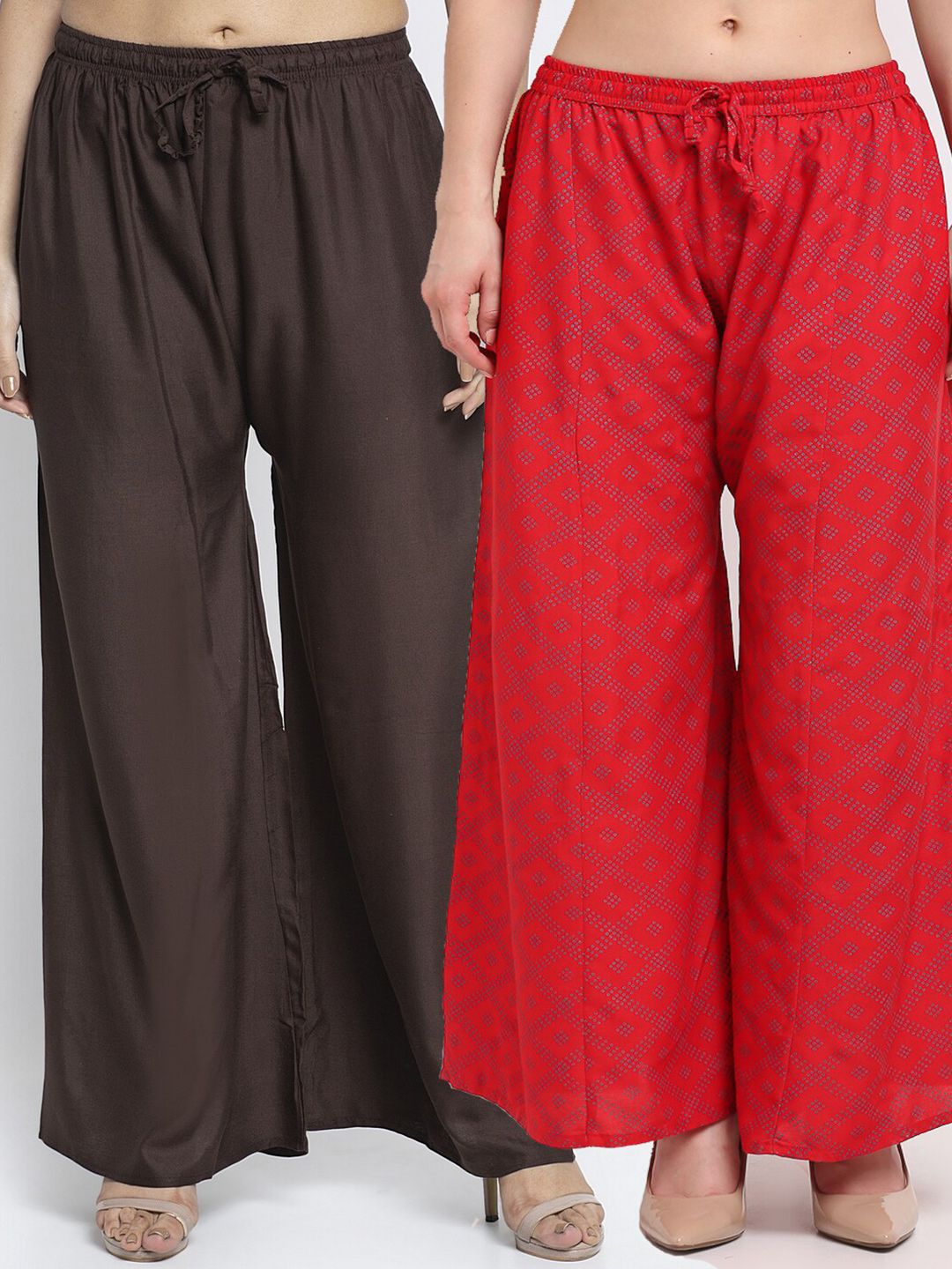 Jinfo Women Brown & Red Set of 2 Printed Flared Knitted Ethnic Palazzos Price in India