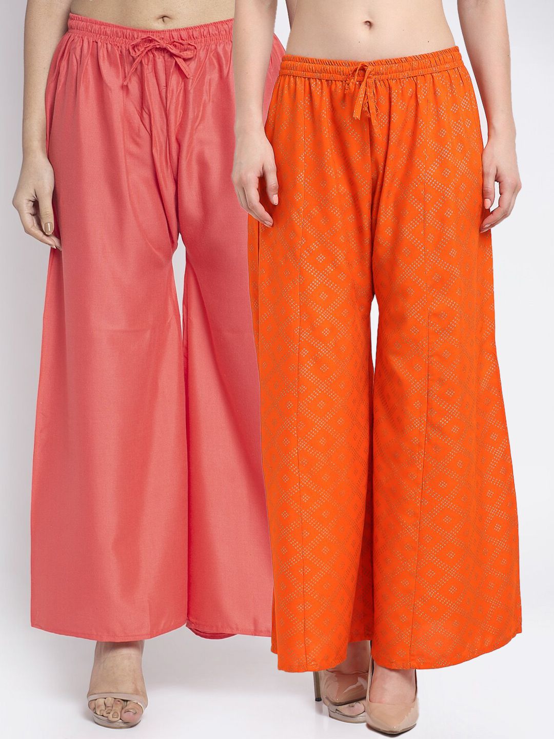 Jinfo Women Pack Of 2 Orange & Red Printed Flared Knitted Ethnic Palazzos Price in India