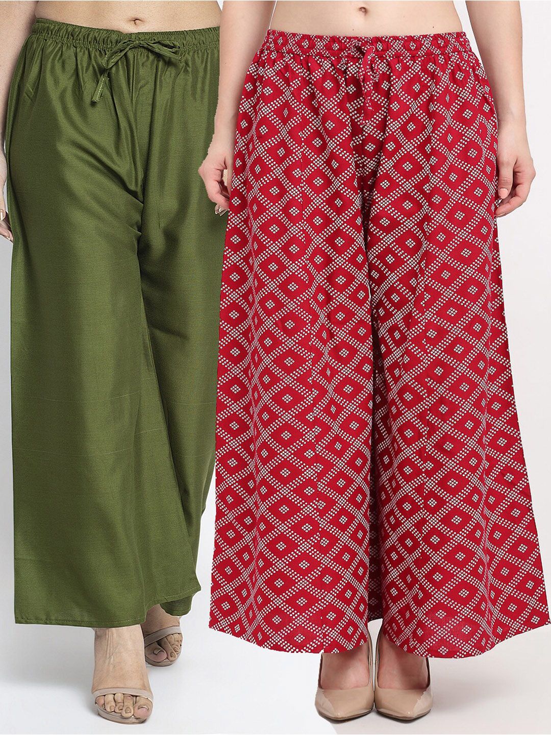 Jinfo Women Green & Maroon Set of 2 Printed Flared Knitted Ethnic Palazzos Price in India