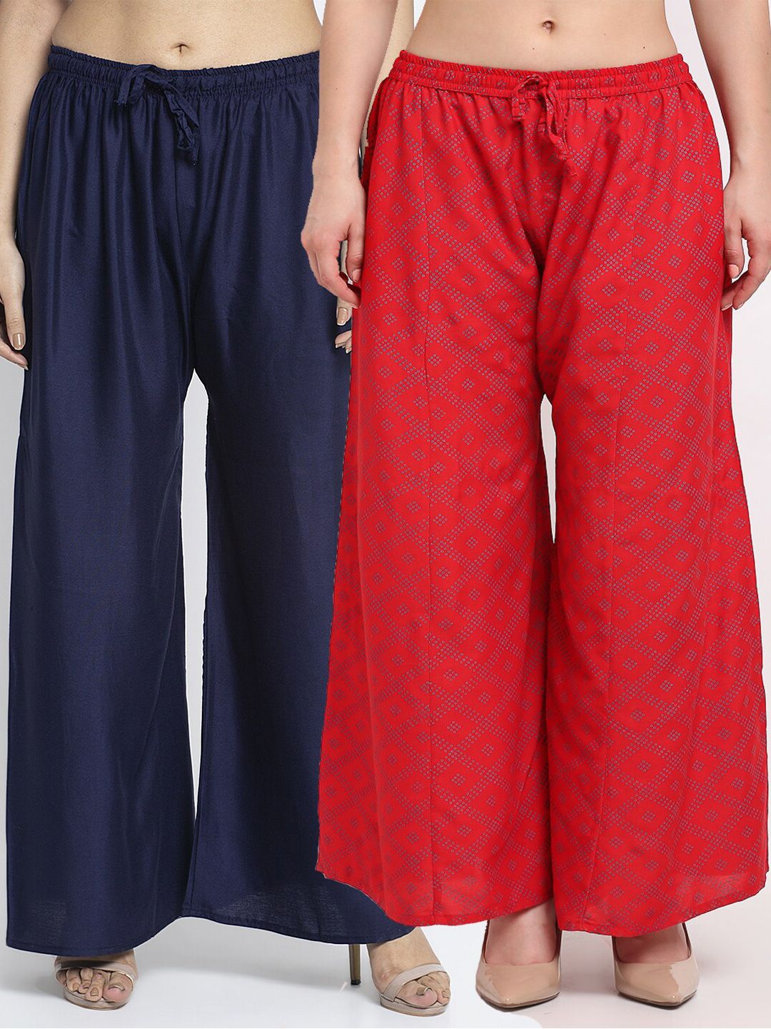 Jinfo Women Set Of 2 Navy Blue & Red Ethnic Motifs Printed Flared Ethnic Palazzos Price in India