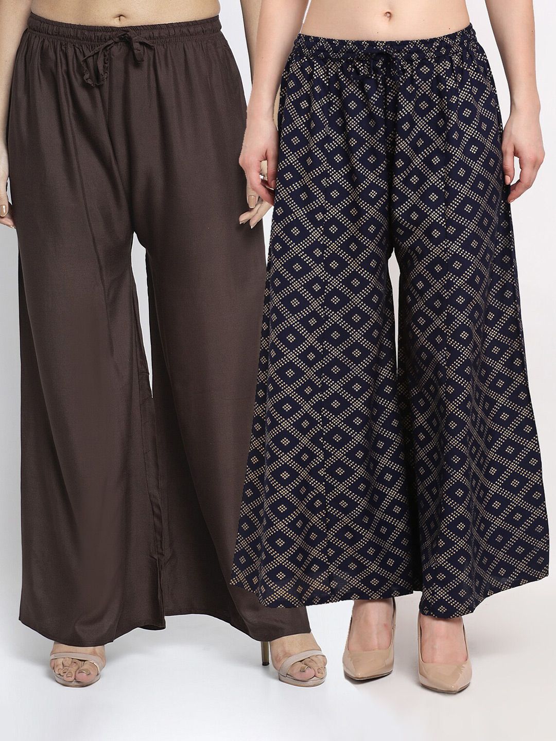 Jinfo Women Brown & Navy Blue Set Of 2 Printed Flared Knitted Ethnic Palazzos Price in India