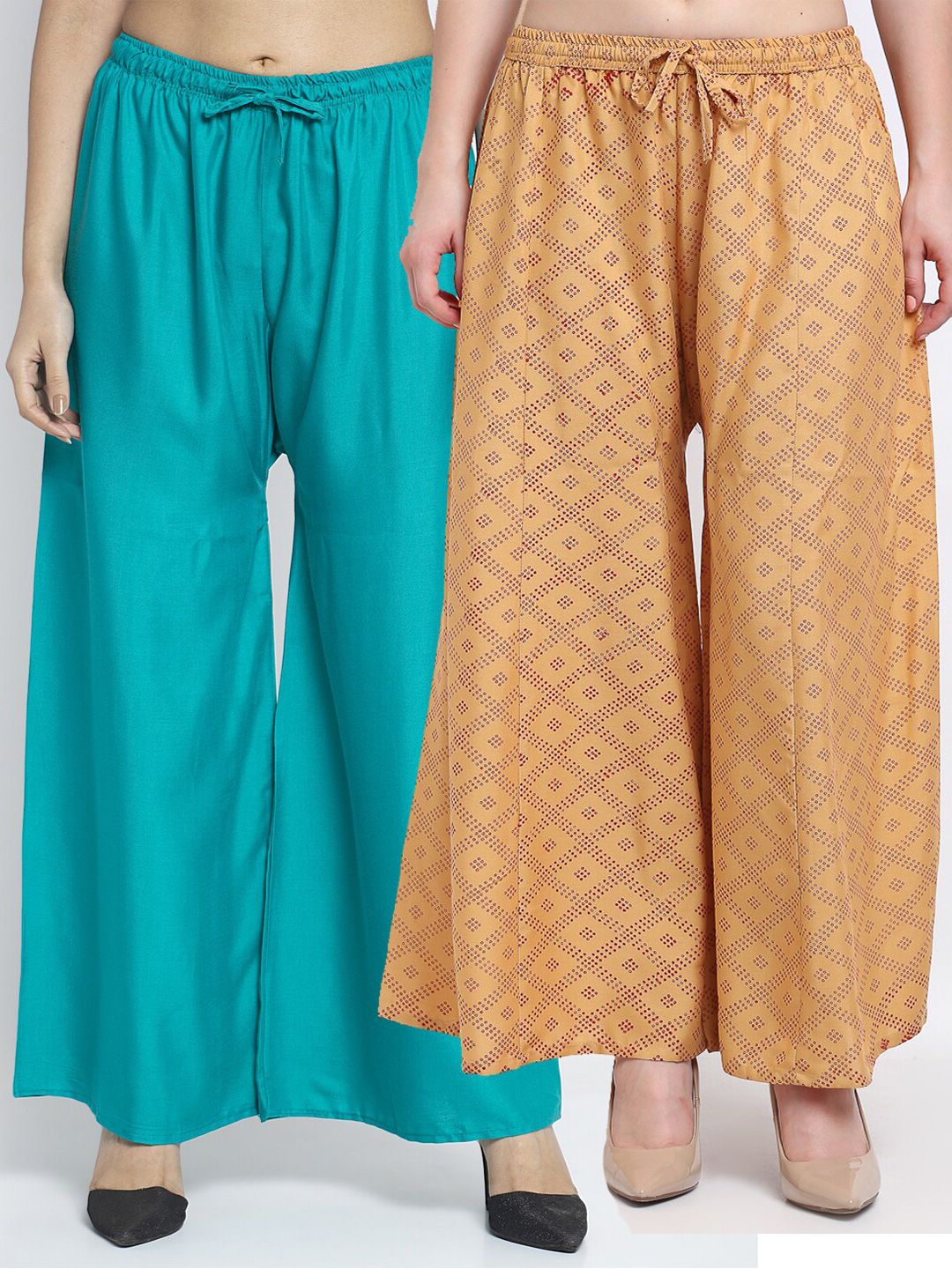 Jinfo Women Pack Of 2 Teal Green & Beige Printed Flared Knitted Ethnic Palazzos Price in India