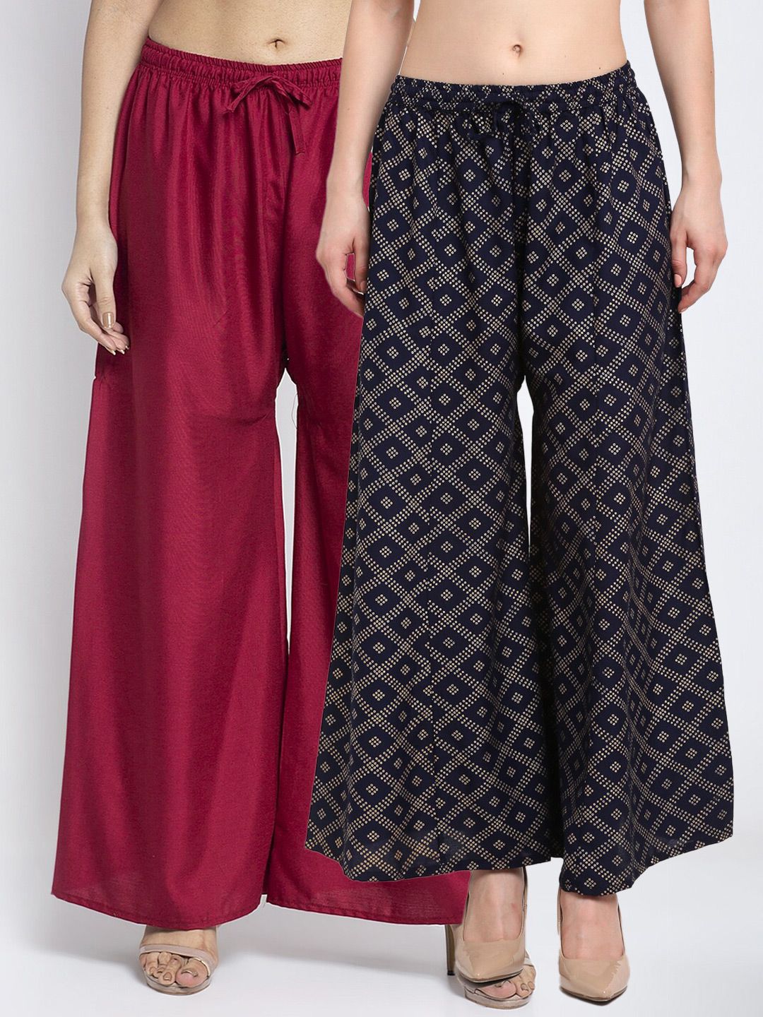 Jinfo Women Pack of 2 Maroon & Navy Blue Printed Flared Knitted Ethnic Palazzos Price in India