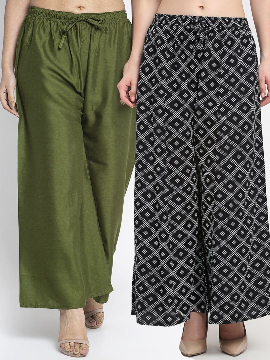 Jinfo Women Pack of 2 Green & Black Printed Flared Knitted Palazzos Price in India