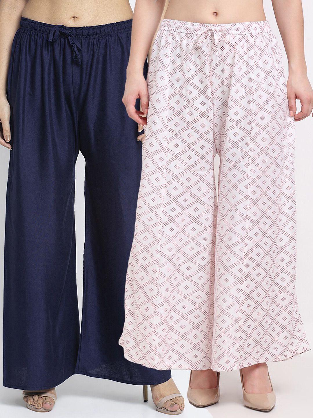 Jinfo Women Set Of 2 Navy Blue & White Printed Flared Fit Palazzos Price in India