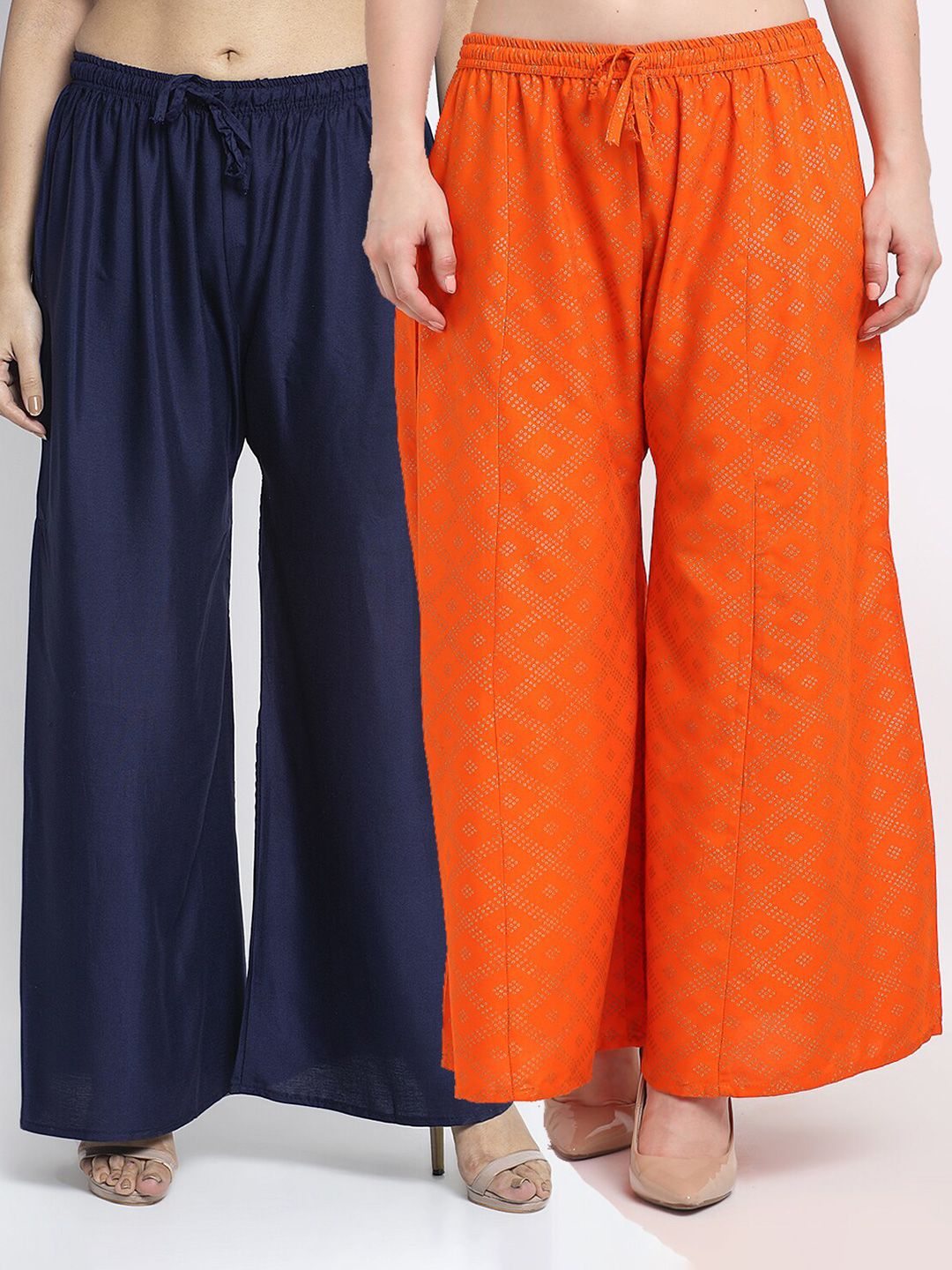 Jinfo Women Navy Blue & Orange Flared Ethnic Palazzos Pack of 2 Price in India