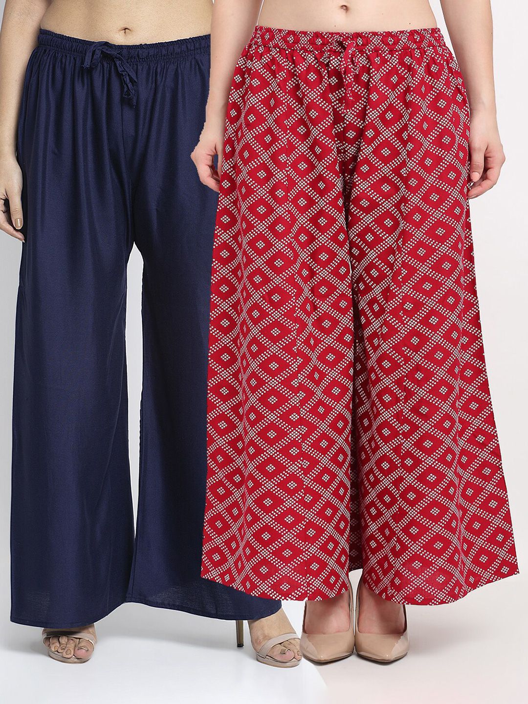 Jinfo Women Navy Blue & Maroon Printed Flared Knitted Ethnic Palazzos Set of 2 Price in India