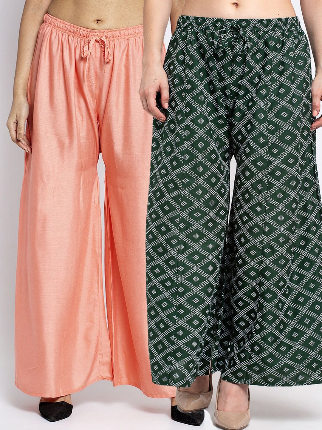 Jinfo Women Peach-Coloured & Green 2 Printed Flared Ethnic Palazzos Price in India