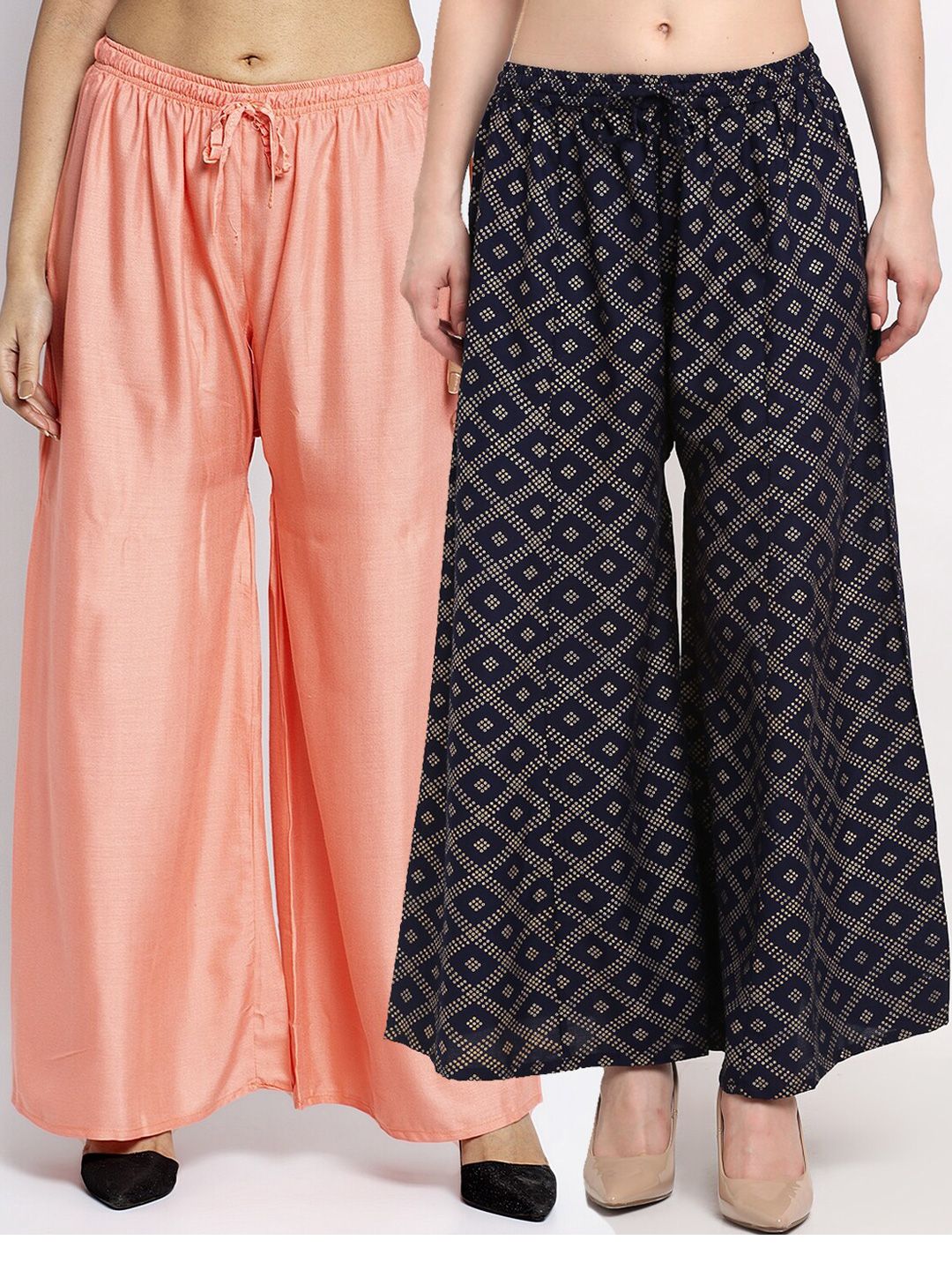 Jinfo Women Set Of 2 Peach-Coloured & Navy Blue Flared Ethnic Palazzos Price in India