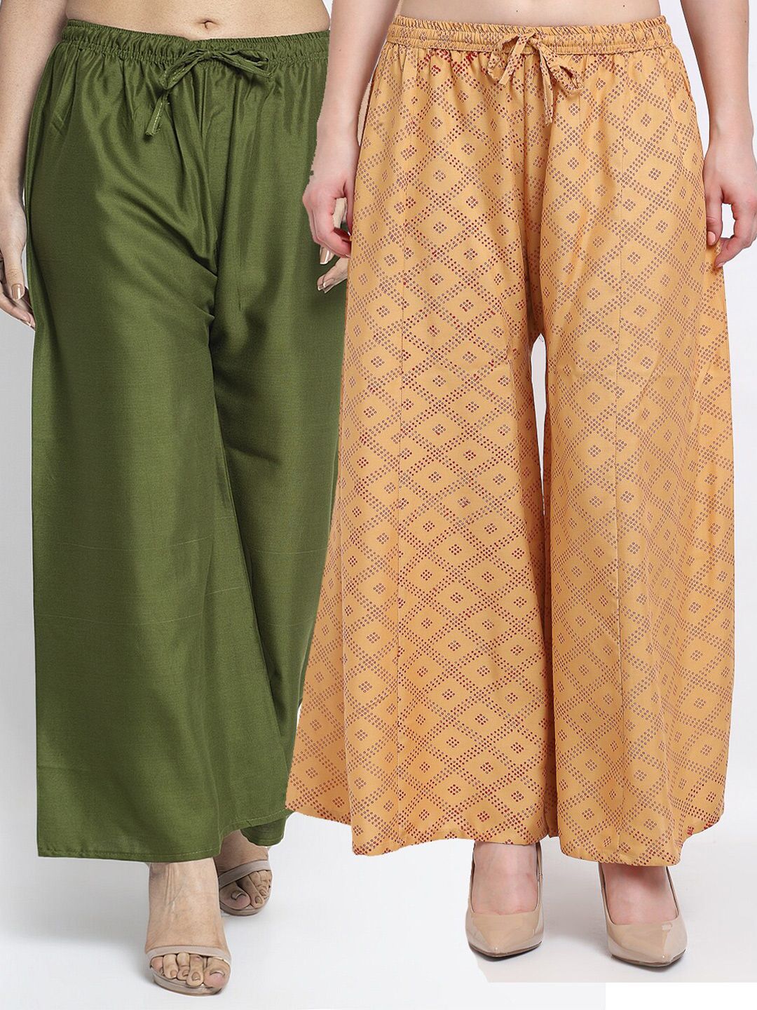 Jinfo Women Green & Beige Set Of 2 Printed Flared Knitted Ethnic Palazzos Price in India