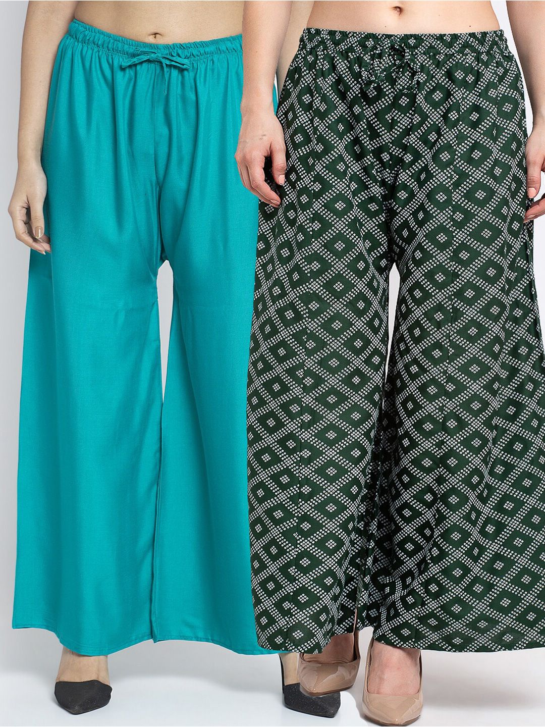 Jinfo Women Pack of 2 Green Printed Flared Knitted Ethnic Palazzos Price in India