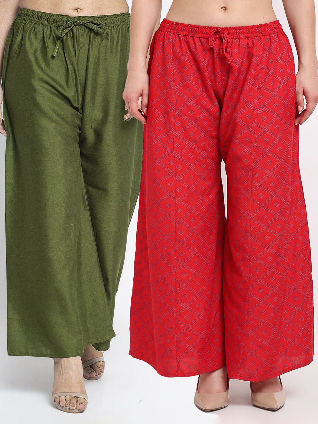 Jinfo Women Pack Of 2 Green & Red Printed Flared Knitted Ethnic Palazzos Price in India