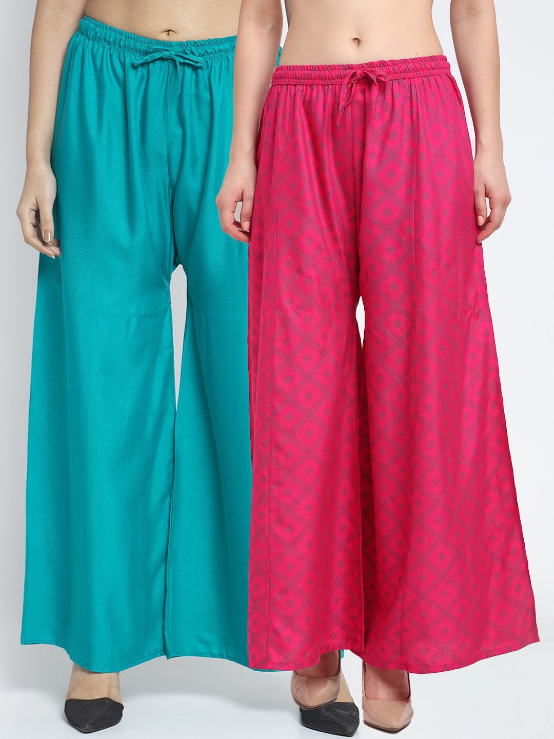 Jinfo Women Pack of 2 Green & Pink Printed Flared Knitted Ethnic Palazzos Price in India