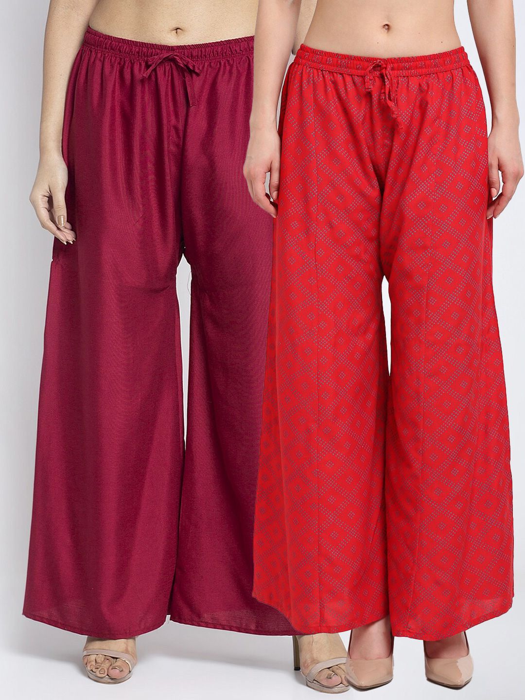 Jinfo Women Maroon & Red Set Of 2 Printed Flared Knitted Ethnic Palazzos Price in India