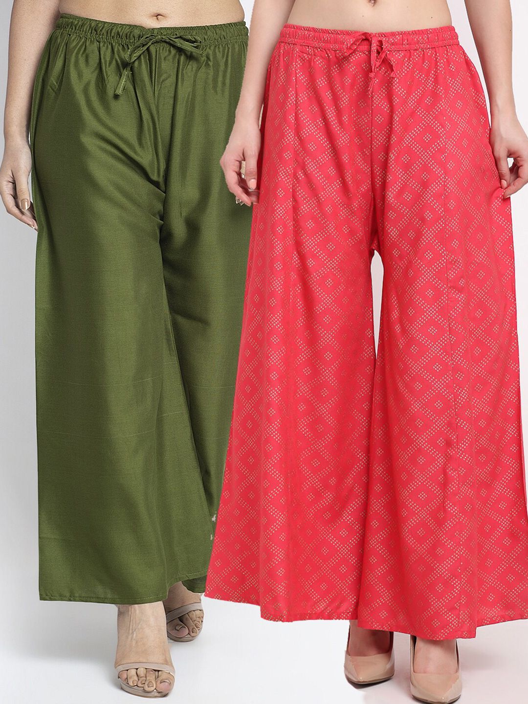 Jinfo Women Set Of 2 Green & Orange Printed Flared Fit Palazzos Price in India