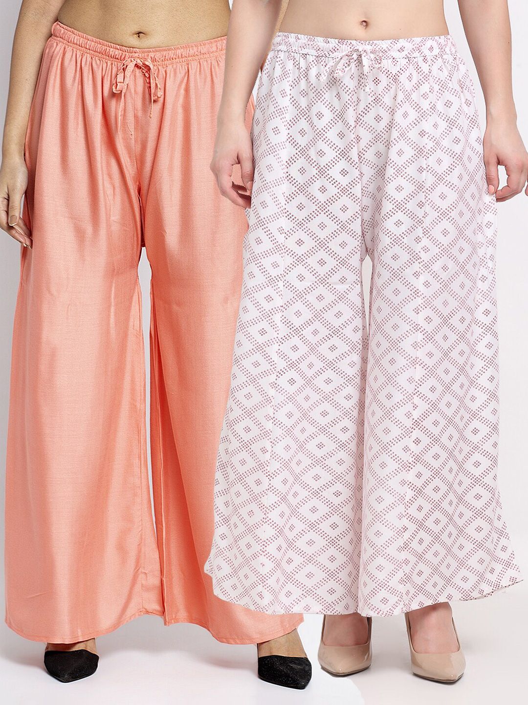 Jinfo Women Set Of 2 Peach-Coloured & White Printed Flared Fit Palazzos Price in India