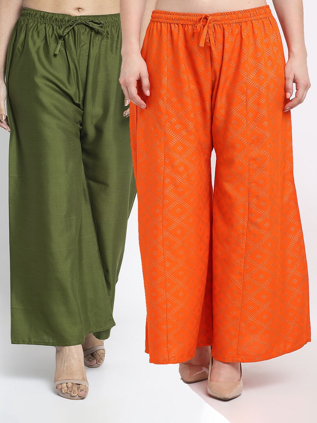 Jinfo Women Set Of 2 Green & Orange Flared Knitted Ethnic Palazzos Price in India