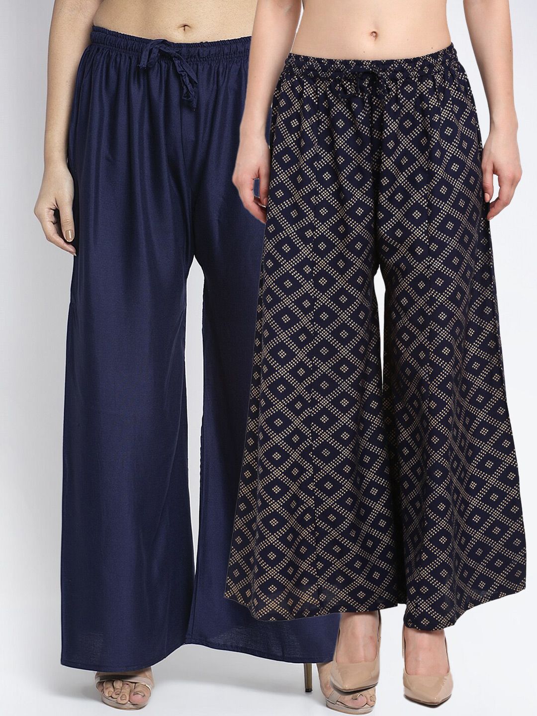 Jinfo Women Navy Blue & Gold-Toned 2 Flared Ethnic Palazzos Price in India