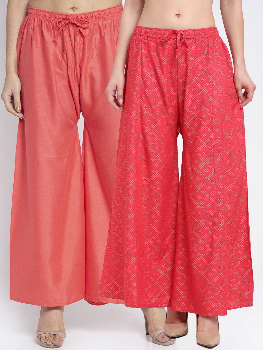 Jinfo Women Set Of 2 Orange Printed Flared Fit Palazzos Price in India