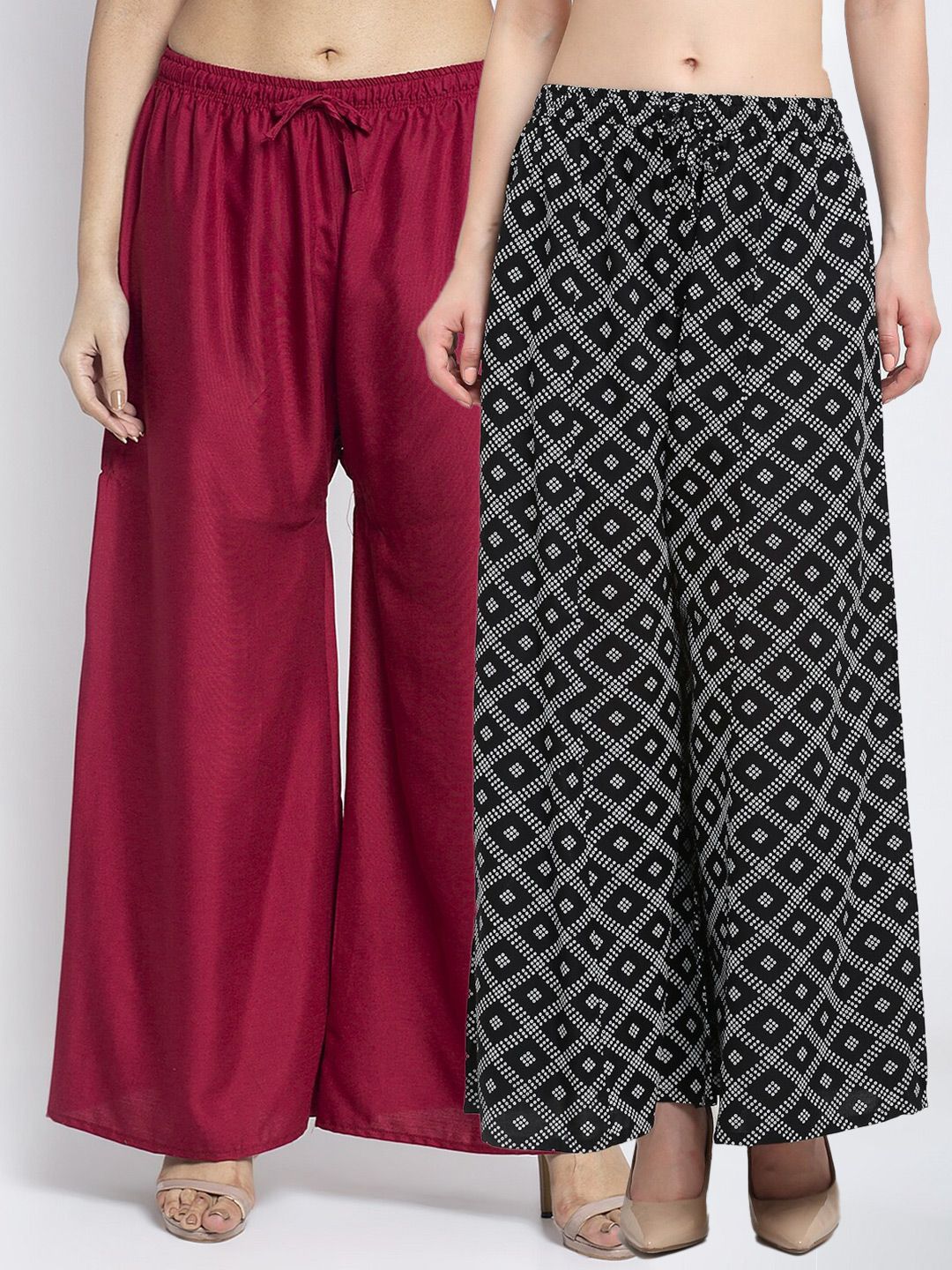 Jinfo Women Maroon & Black 2 Printed Flared Knitted Ethnic Palazzos Price in India