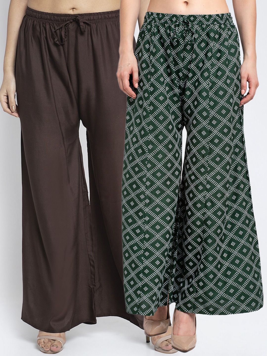 Jinfo Women Pack of 2 Coffee Brown & Green Flared Ethnic Palazzos Price in India