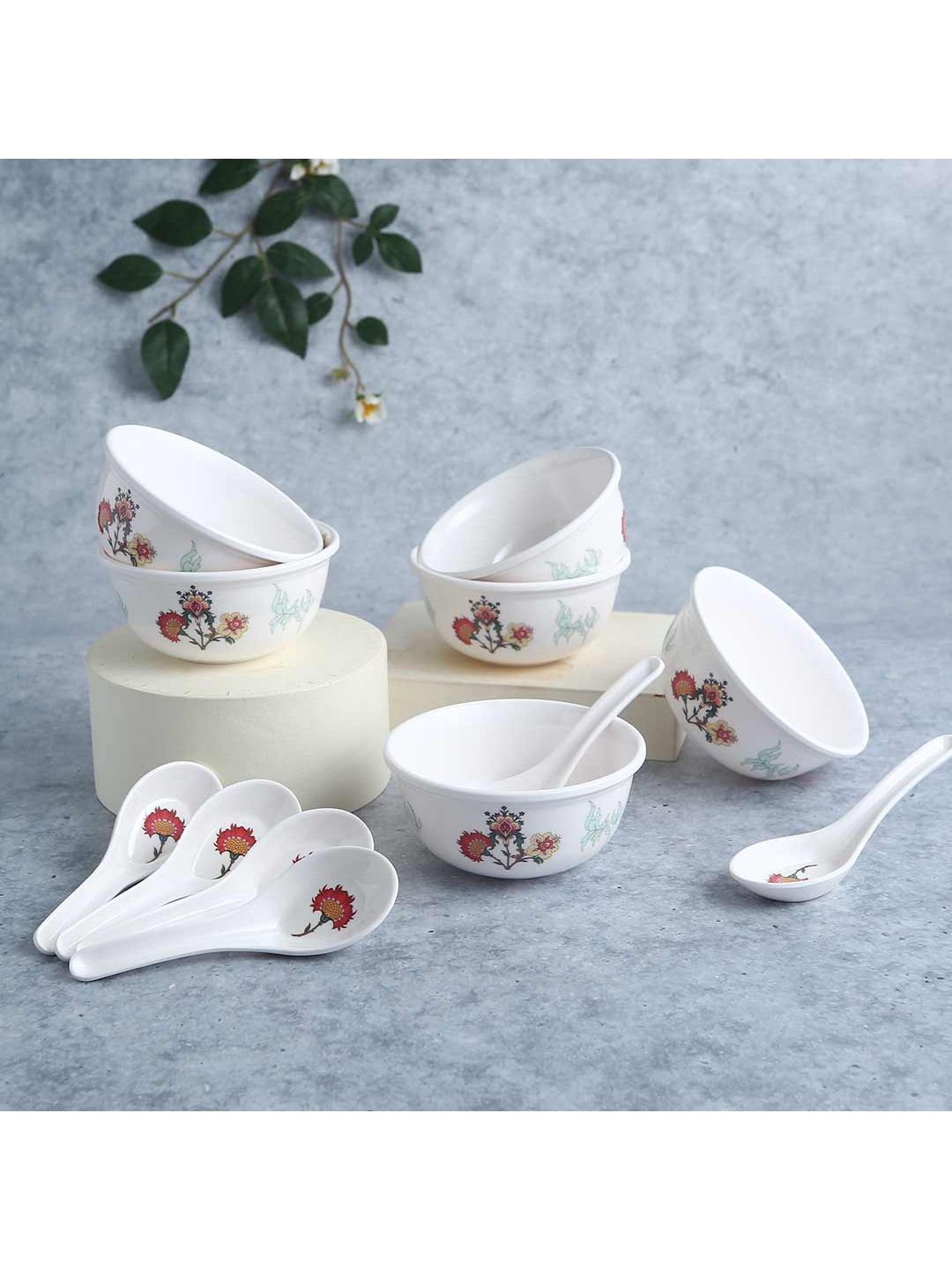 Wonderchef 6 Pcs White & Red Venice Printed Melamine Soup Bowls with Spoon Price in India