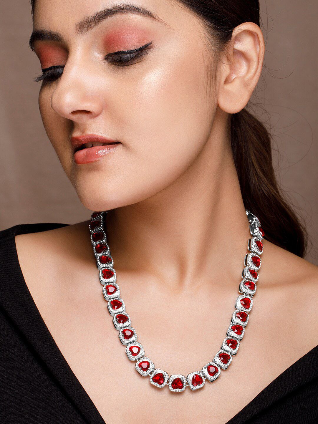 Rubans Voguish Red & Silver-Plated Necklace Price in India