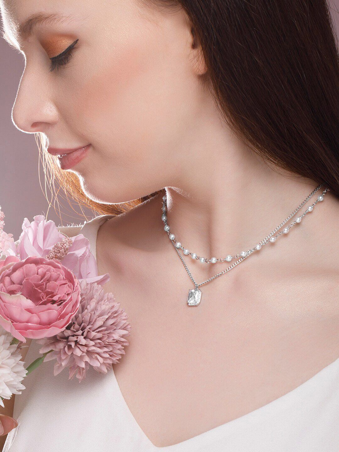 Rubans Voguish Silver-Plated & White Layered Necklace Price in India