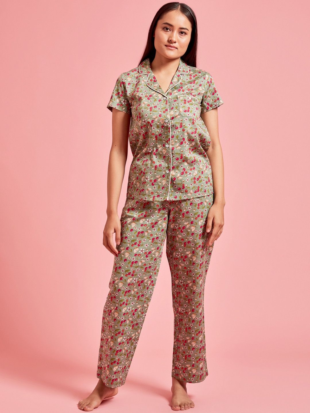 THE CLOTHING FACTORY Women Green & Pink Printed Pure Cotton Night suit Price in India