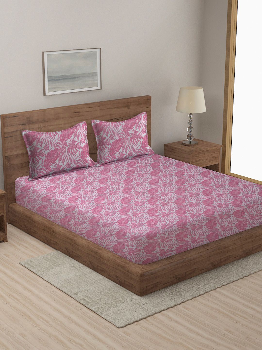 MULTITEX Pink Cotton Printed Double King Bed Cover With Pillow Cover Price in India