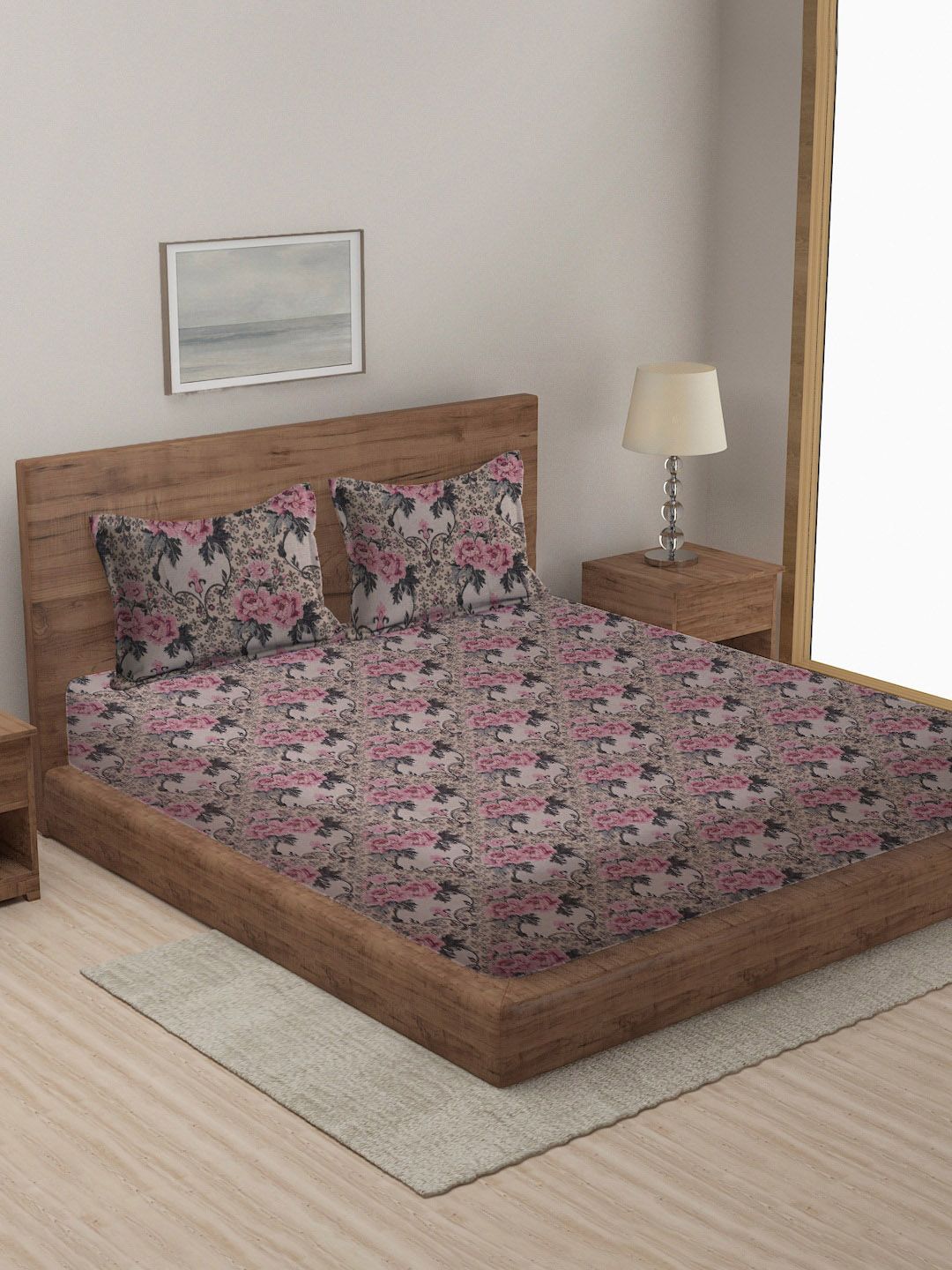 MULTITEX Pink & Beige Printed Cotton Double Queen Bed Cover With Pillow Covers Price in India