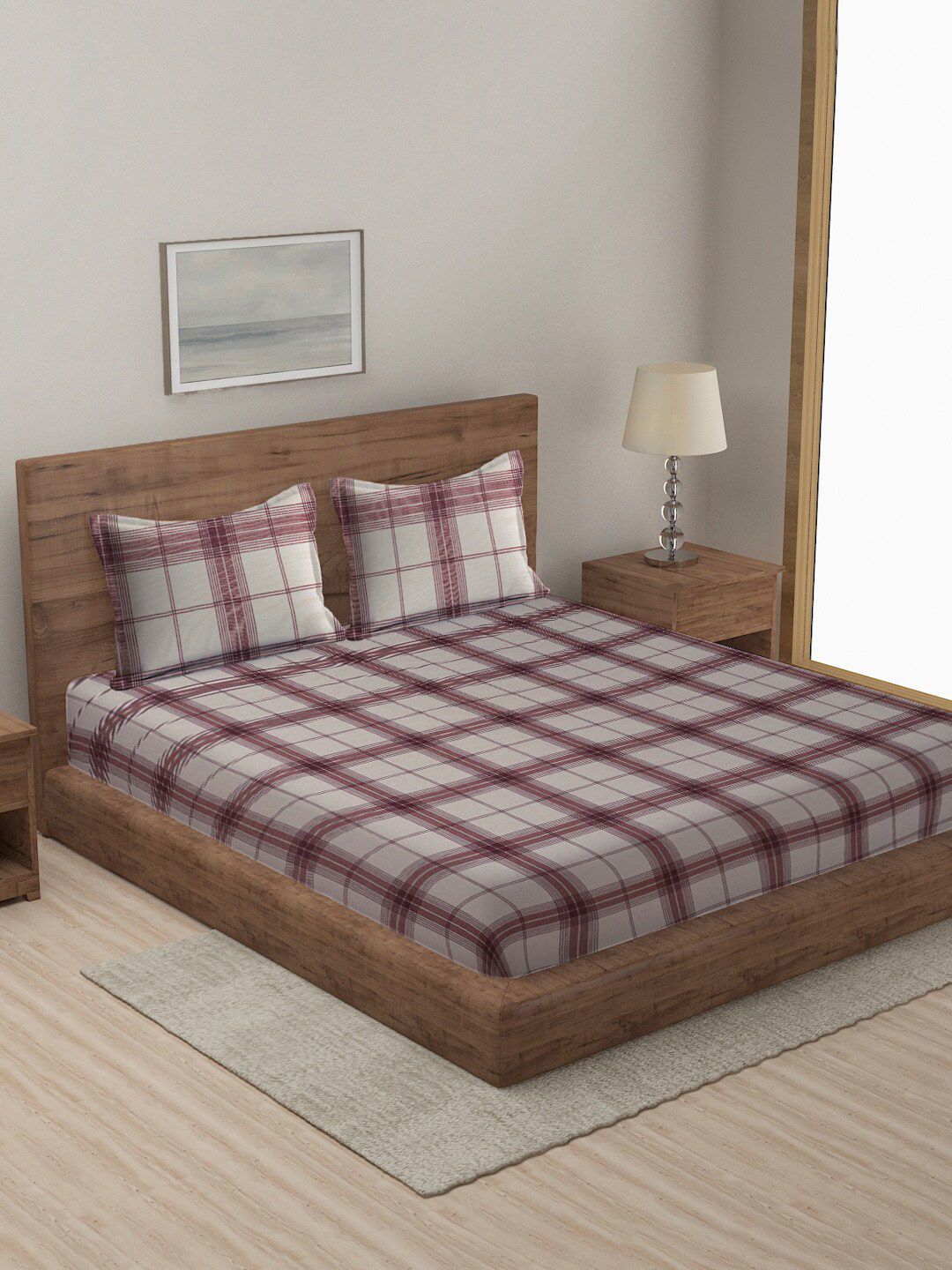 MULTITEX Maroon Checked Cotton Double King Bed Cover With Pillow Cover Price in India