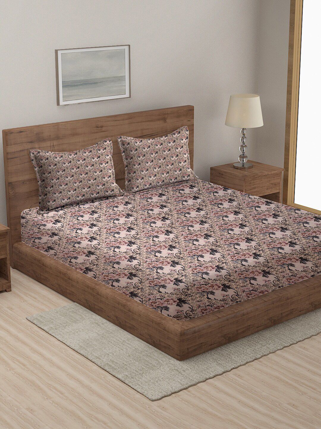 MULTITEX Brown & Grey Printed Cotton Double Queen Bed Cover With 2 Pillow Covers Price in India