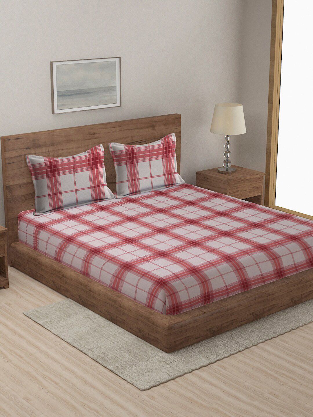 MULTIPLEX Red & White Checked Cotton Double Queen Bed Cover With Pillow Cover Price in India