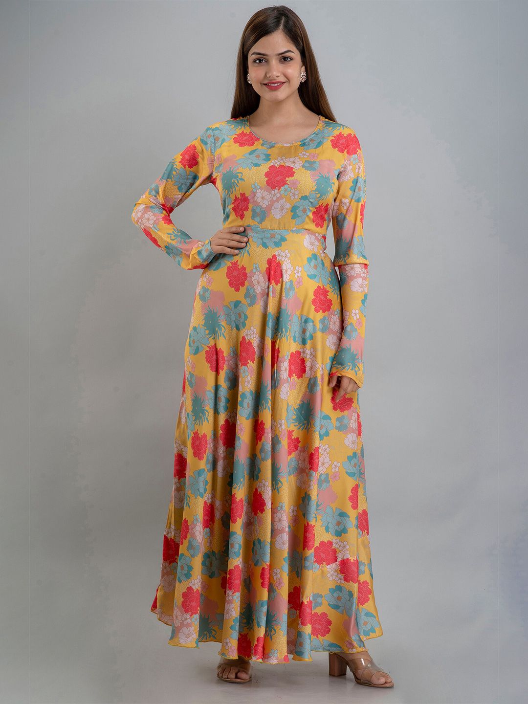 KALINI Yellow & Blue Floral Satin Maxi Dress Price in India